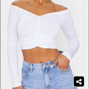 Pretty Little Thing White Slinky Ruched Front Long Sleeve Crop Top With Tags
